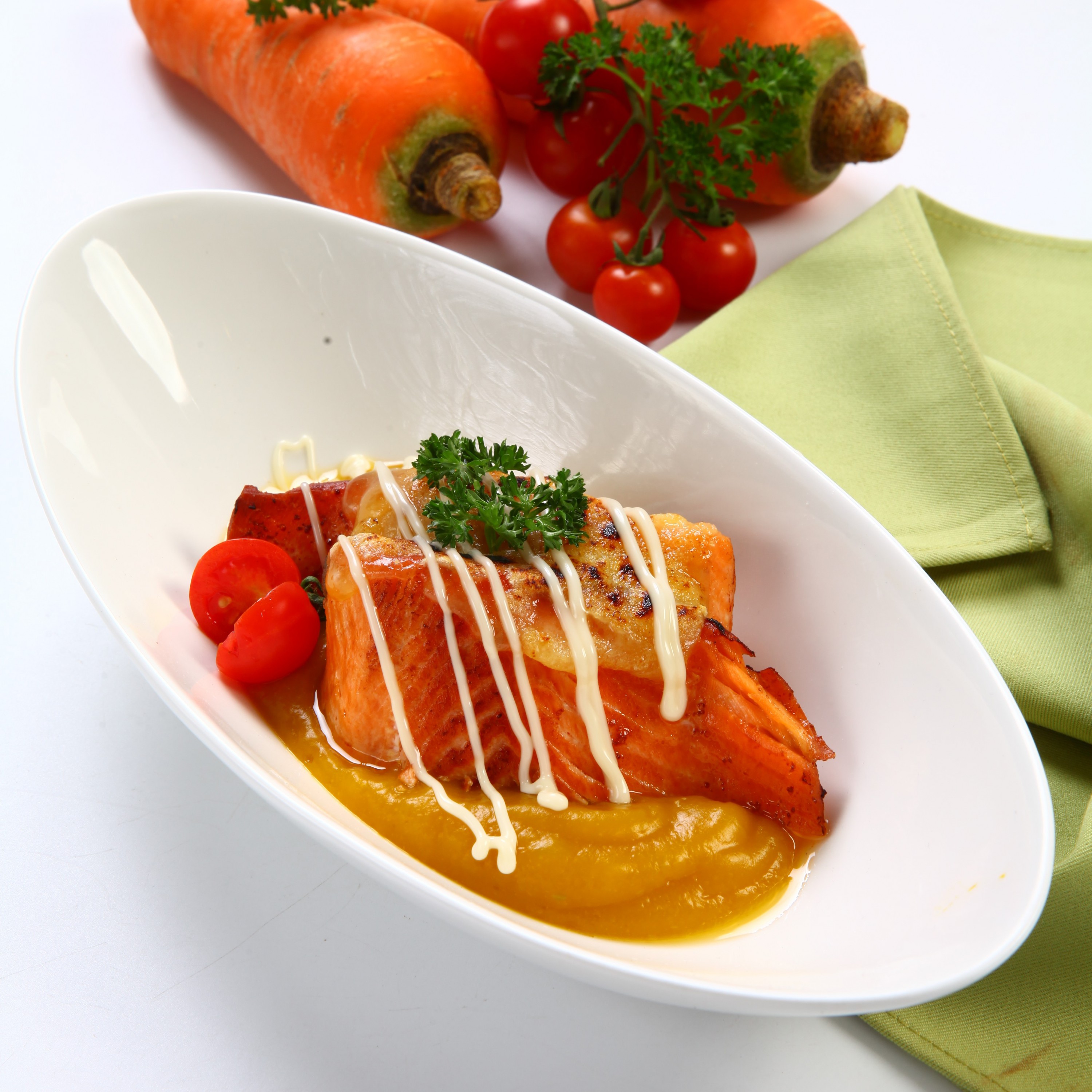Grilled Salmon and Cheese With Pumpkin Soup